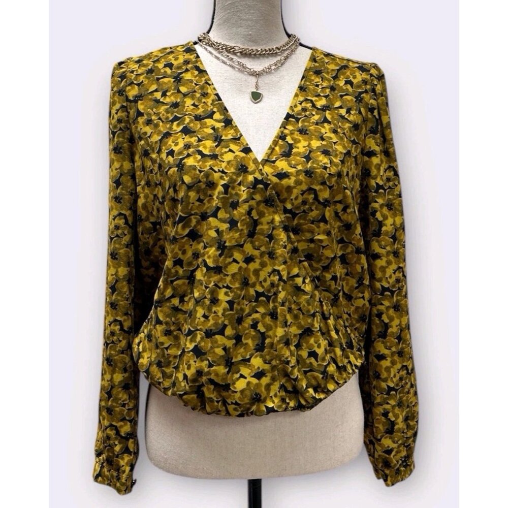 A New Day Womans XS Wrap Style Top Mustard‎ & Black Floral Clasp Front Blouse